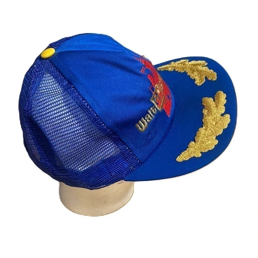 Vintage Walt Disney World Mesh Snap Back Hat Blue Embroidered Gold Leaf Lapel